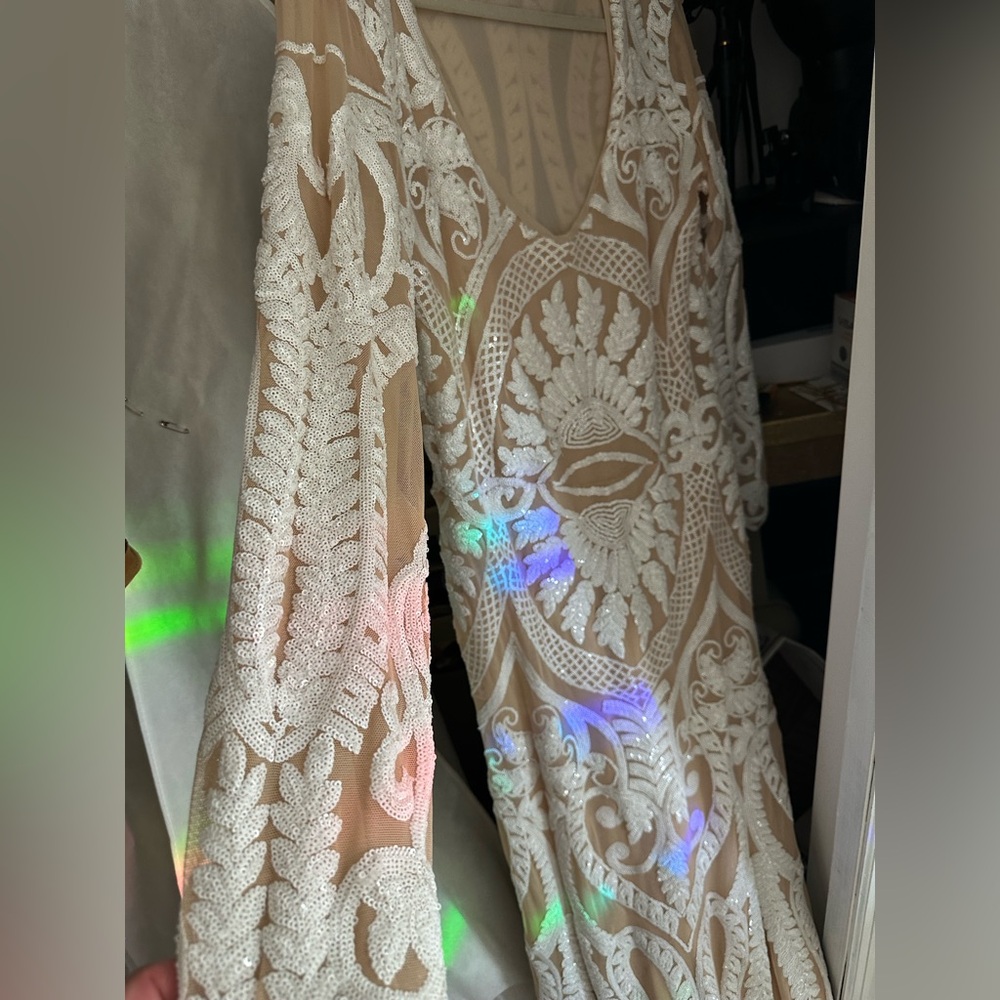 Ivory Appliqué Nude-Mesh Long-Sleeve Illusion Gown